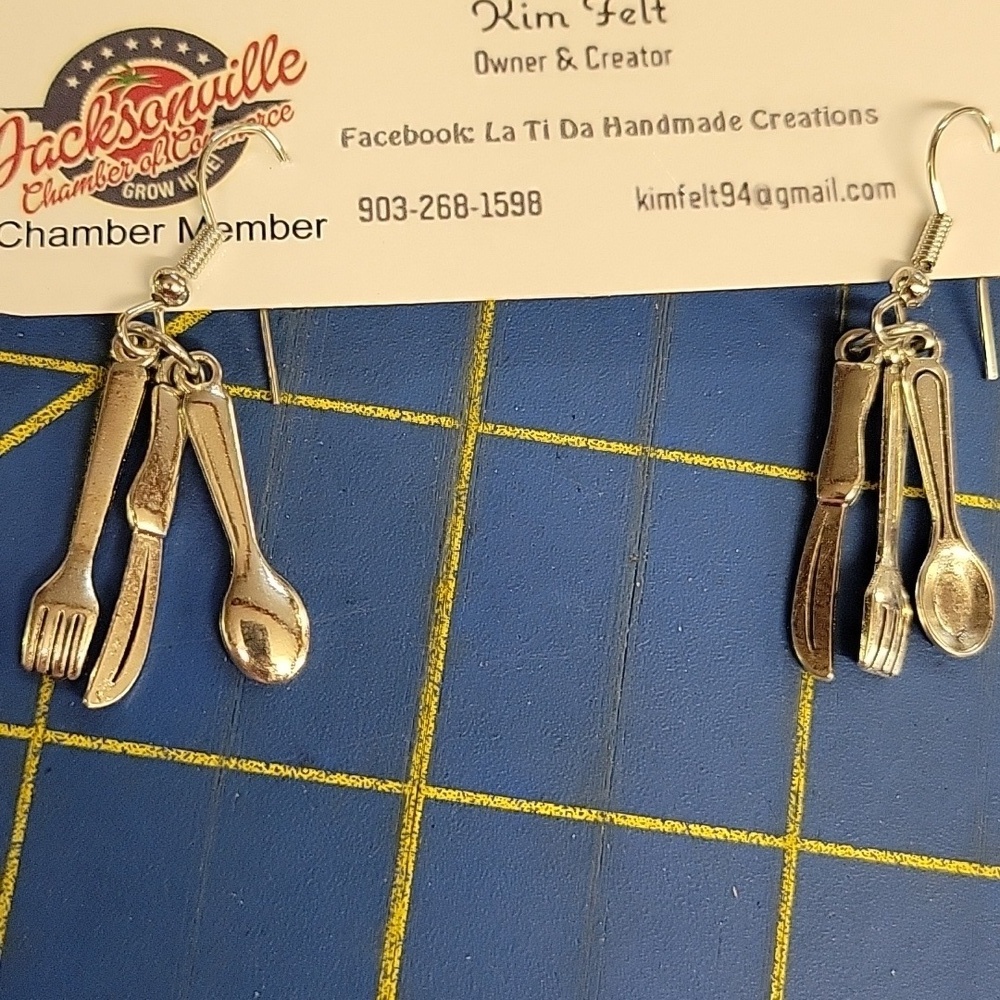 Utensils Fork Spoon Fork Dangle Silver Tone Earrings